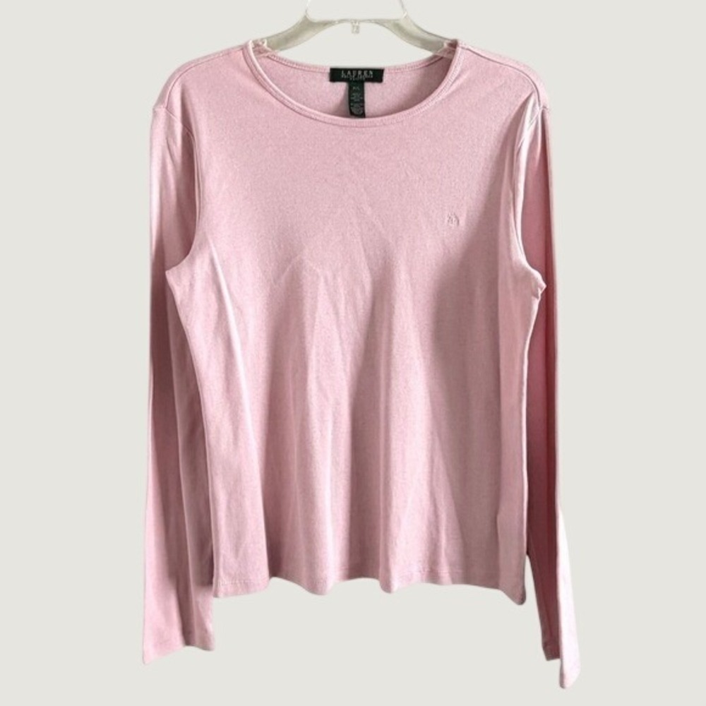 Lauren Ralph Lauren Petite Pink Cotton Ribbed Long Sleeve Crew Neck Top P/L